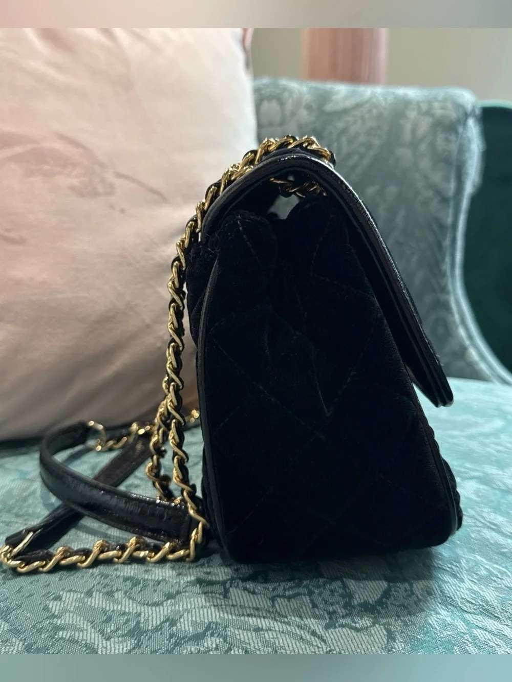 Michael Kors Black Velvet Quilted Bag with Gold Hardware